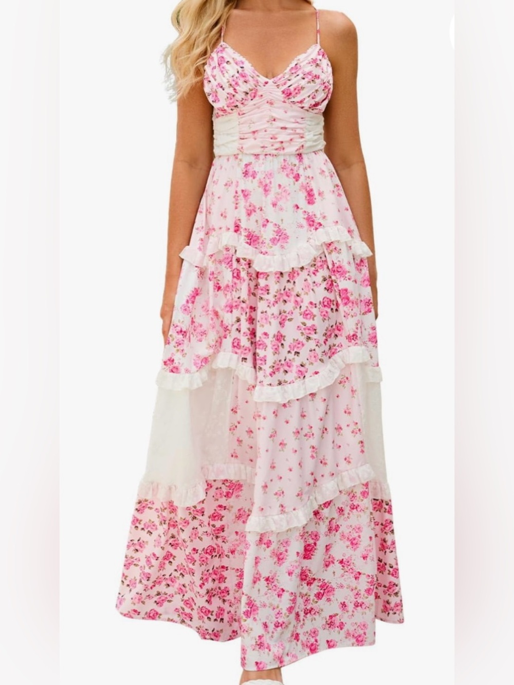 Pink Floral Patchwork Tiered Maxi Dress Size Large NWT
